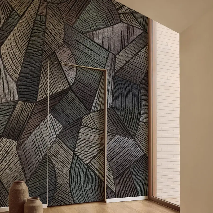 Captivating Wall&Decò Long Tale wallpaper with an abstract mosaic in earthy gray and brown tones, crafted in organic bio-vinyl with fabric-effect texture