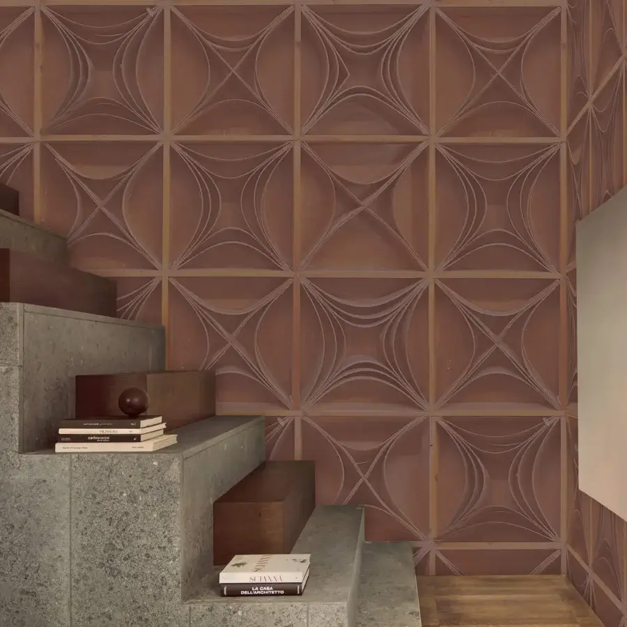 Superior Wall&Decò Les Courbes wallpaper with curved lines and diamond shapes in muted terracotta organic bio-vinyl with fabric-effect texture