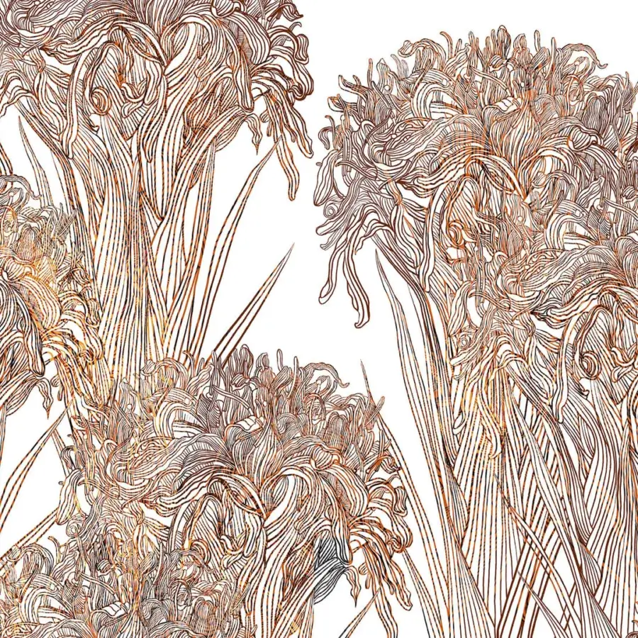 Refined Wall&Decò Lilly wallpaper with repeating floral design in reddish-brown tones and a luxurious fabric-effect d.TW finish