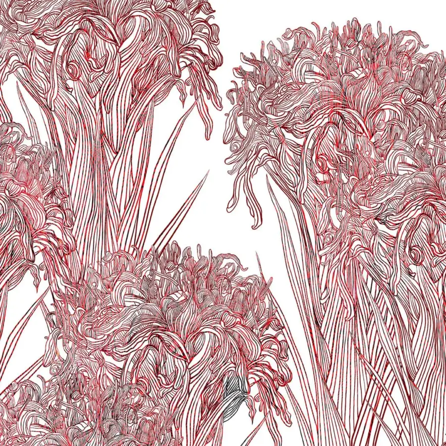 Distinguished Wall&Decò Lilly wallpaper with illustrative floral design in muted red hues and fabric-effect textured surface