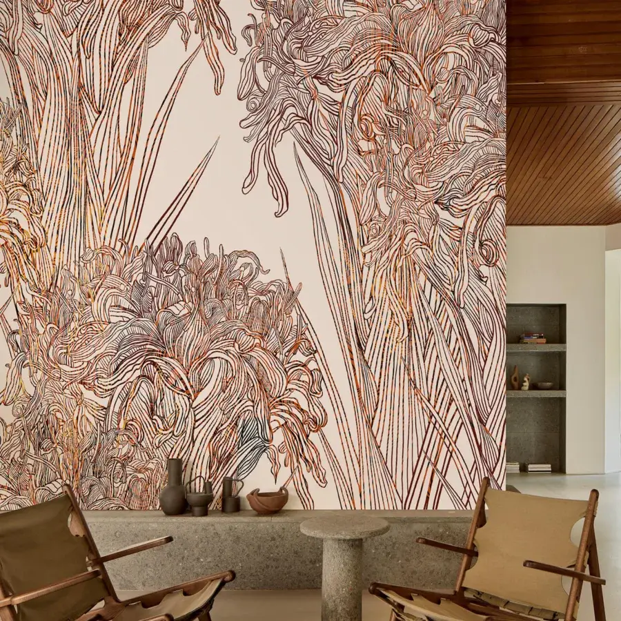 Exceptional Wall&Decò Lilly wallpaper with flowing botanical elements in beige and brown hues and d.SW d.ecodura™ Sand finish