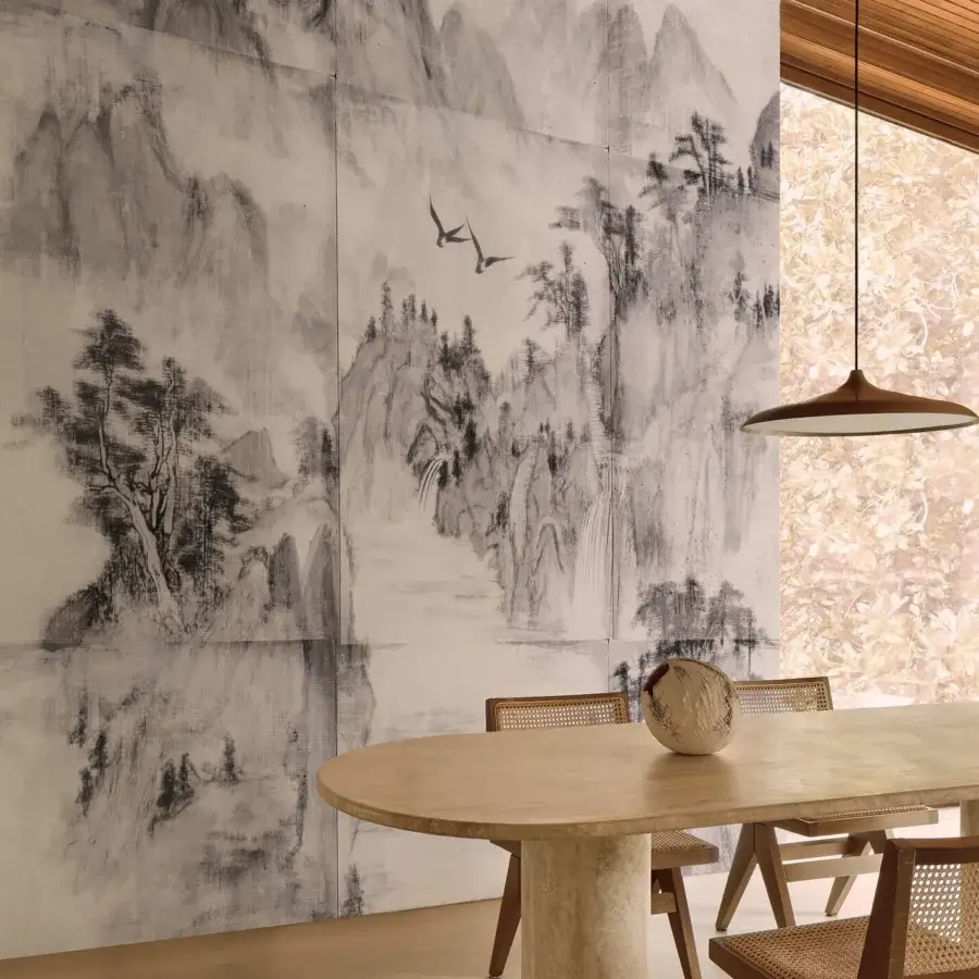 Superior Wall&Decò Morning Mist wallpaper with monochromatic landscape design in muted gray organic bio-vinyl and smooth sand-like finish