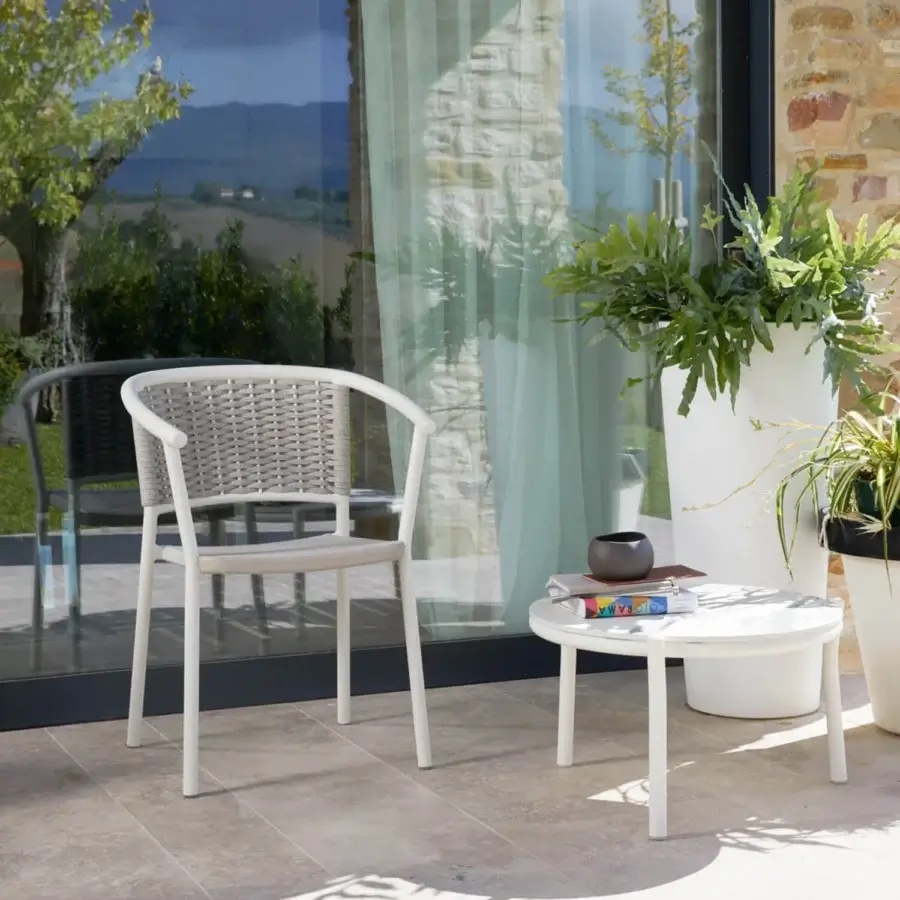 Elegant Roberti Rattan Lipari armchair crafted in woven Oval Seaprope with powder-coated aluminum and gray accents