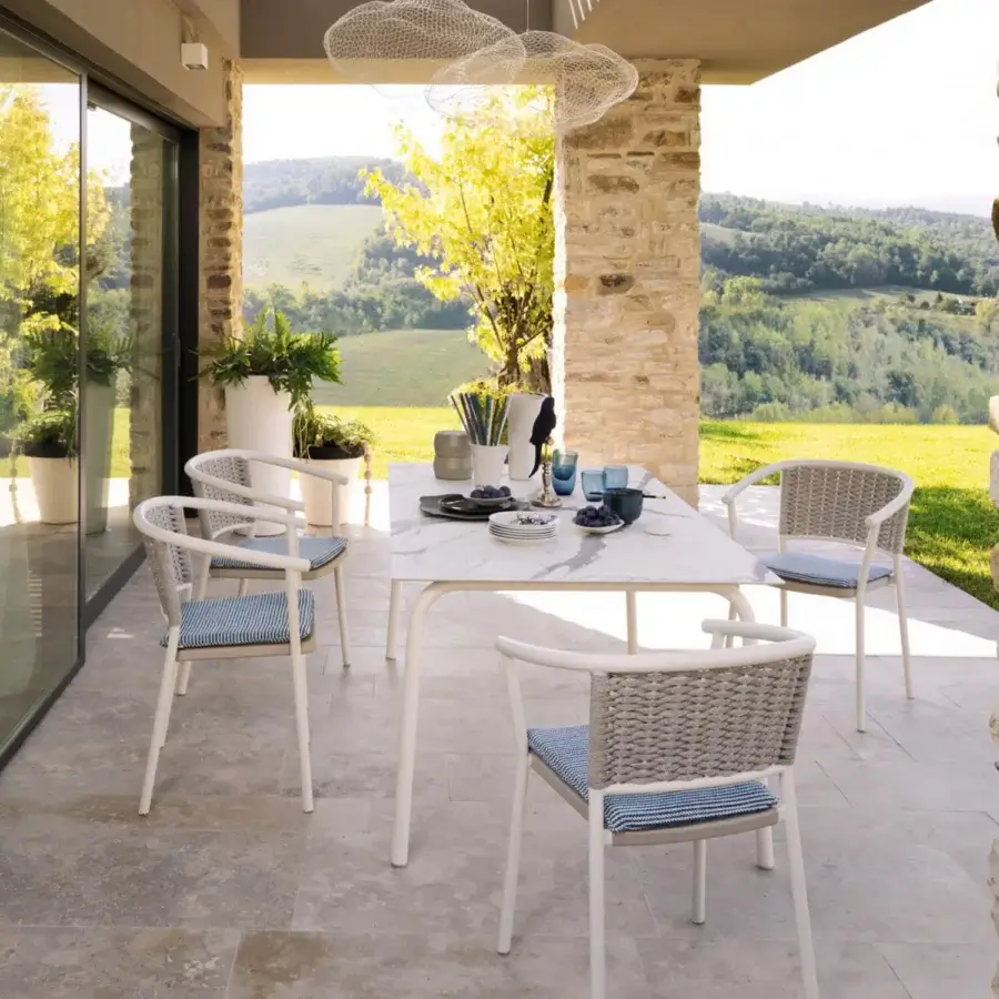 Distinguished Roberti Rattan Lipari armchair crafted in woven Oval Seaprope with a powder-coated aluminum frame