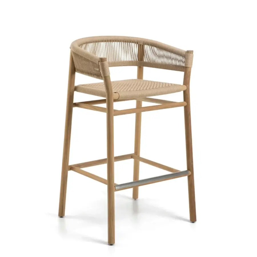 Distinguished Ethimo Kilt stool crafted with FSC-certified teak and natural fibre weave in warm brown with light beige textile