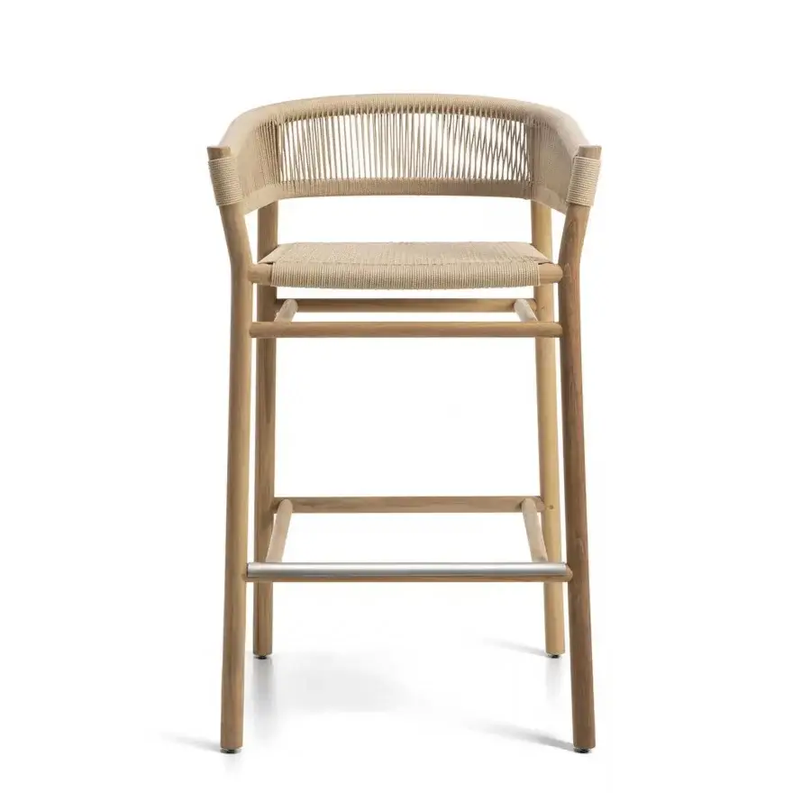 Exceptional Ethimo Kilt stool crafted with FSC-certified teak and natural fiber weave in light brown with a neutral beige seat and backrest