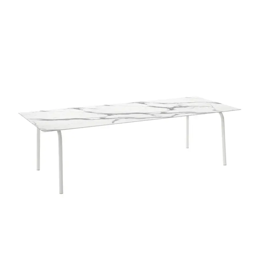 Distinguished Roberti Rattan Lipari table with white and gray marble-like HPL tabletop and powder-coated stainless steel base crafted in Italy