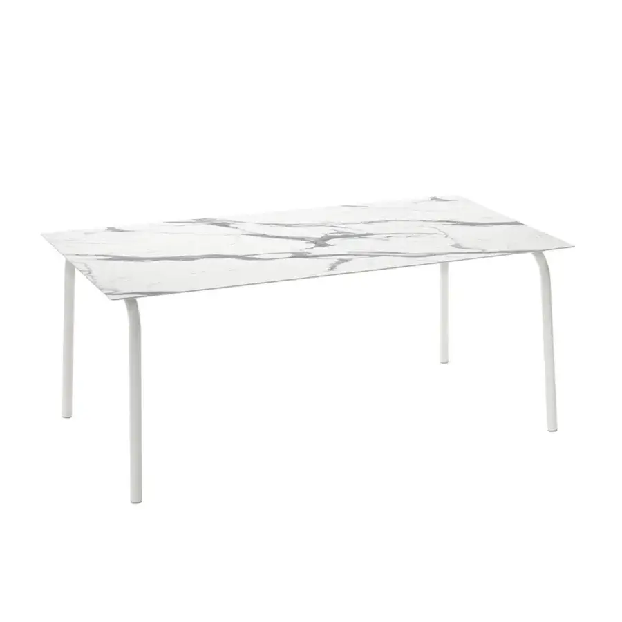 Superior Roberti Rattan Lipari table with durable HPL tabletop and powder-coated 304 stainless steel base in glossy white finish