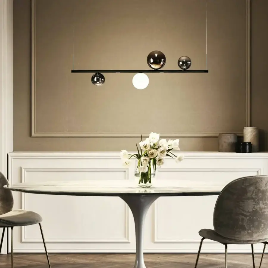 Exceptional Lodes Random Stick Short suspension lamp with a matte white hexagonal bar and dark reflective shades