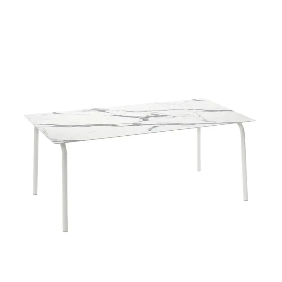 Elegant Roberti Rattan Lipari table crafted with a white marble-look HPL tabletop and powder-coated stainless steel base