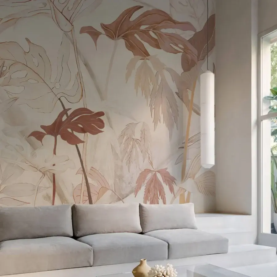 Captivating Wall&Decò Platino wallpaper with botanical leaves in muted beige and pale rose on organic bio-vinyl with d.TW finish