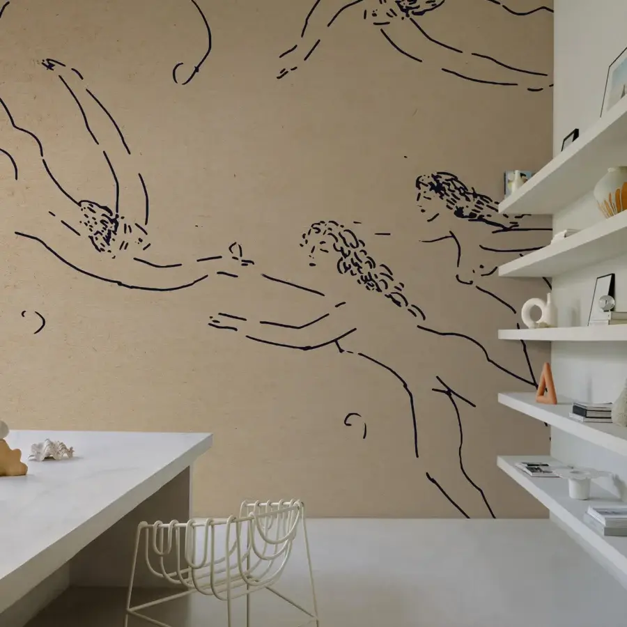 Distinguished Wall&Decò Danae wallpaper with floating figures in delicate black lines on warm beige d.ecodura™ bio-vinyl with d.TW finish