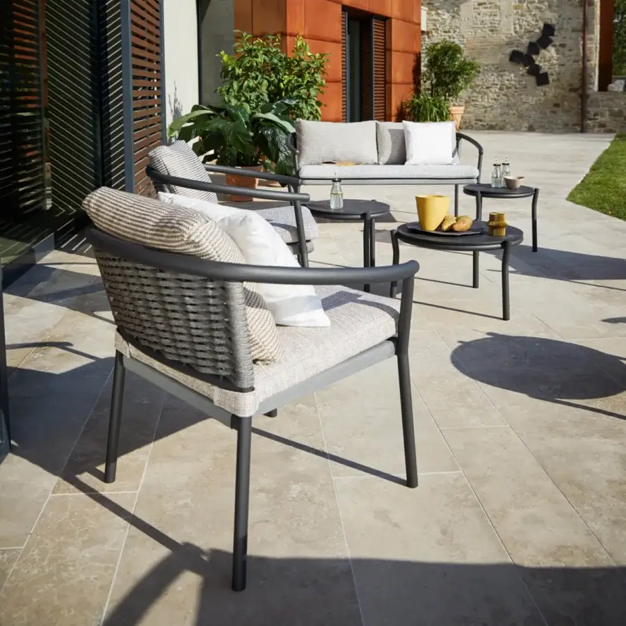 Exceptional Roberti Rattan Lipari lounge chair crafted with powder-coated aluminum and woven Oval Seaprope in a gray palette