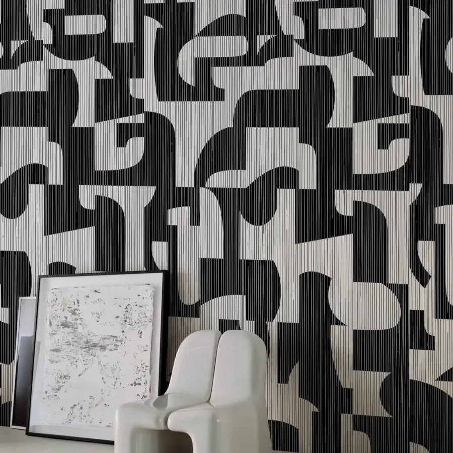 Distinguished Wall&Decò Dettaglio wallpaper exhibits bold black and white geometric patterns with a refined fabric-effect surface on organic bio-vinyl