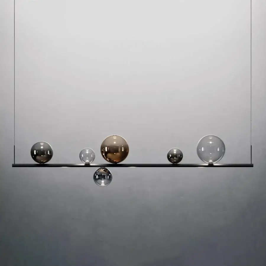 Exceptional Lodes Random Stick Long suspension lamp with clear glass shades and a glossy black hexagonal bar crafted in Italy