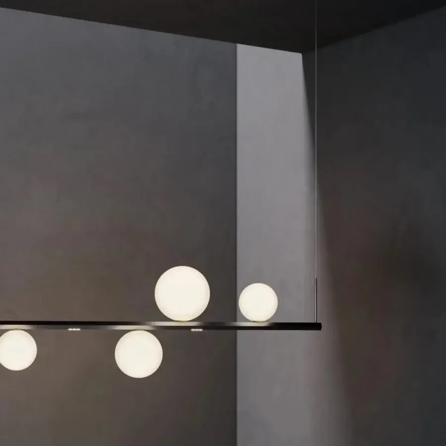 Exceptional Lodes Random Stick Long suspension lamp with opaque white blown-glass spheres and matte black hexagonal bar crafted in Italy