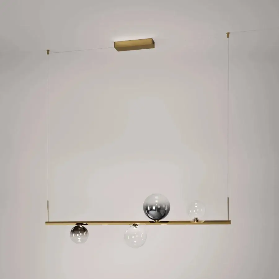 Superior Lodes Random Stick Short suspension lamp with glossy gold and clear gray tinted blown glass shades