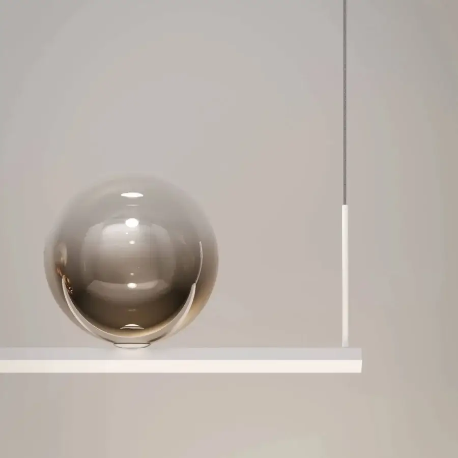 Exceptional Lodes Random Stick Short suspension lamp in brownish-grey blown glass with a matte white hexagonal bar