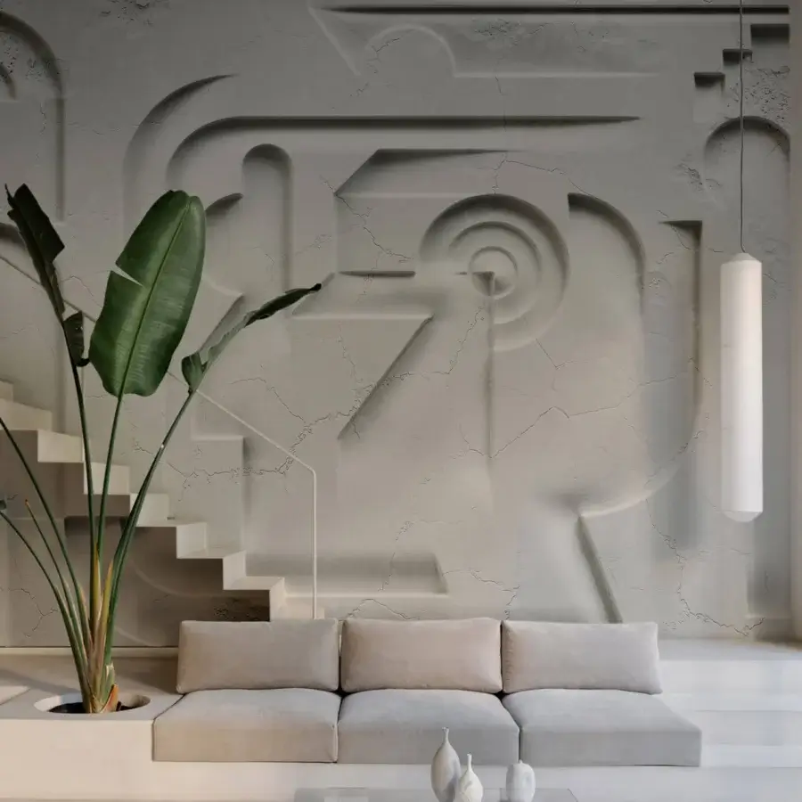 Distinguished Wall&Decò Metavision wallpaper with sculptural raised geometric forms in light neutral gray d.ecodura™ and d.TW finish