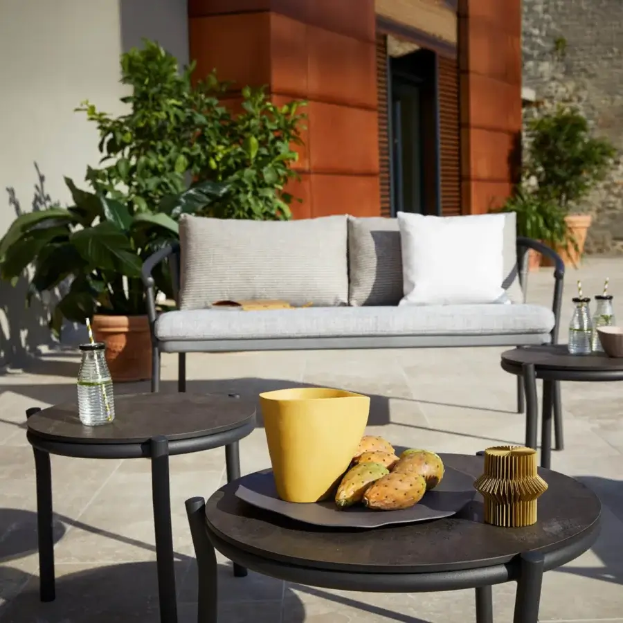 Superior Roberti Rattan Lipari side table with textured stone-like HPL top and powder-coated aluminum base crafted in Italy