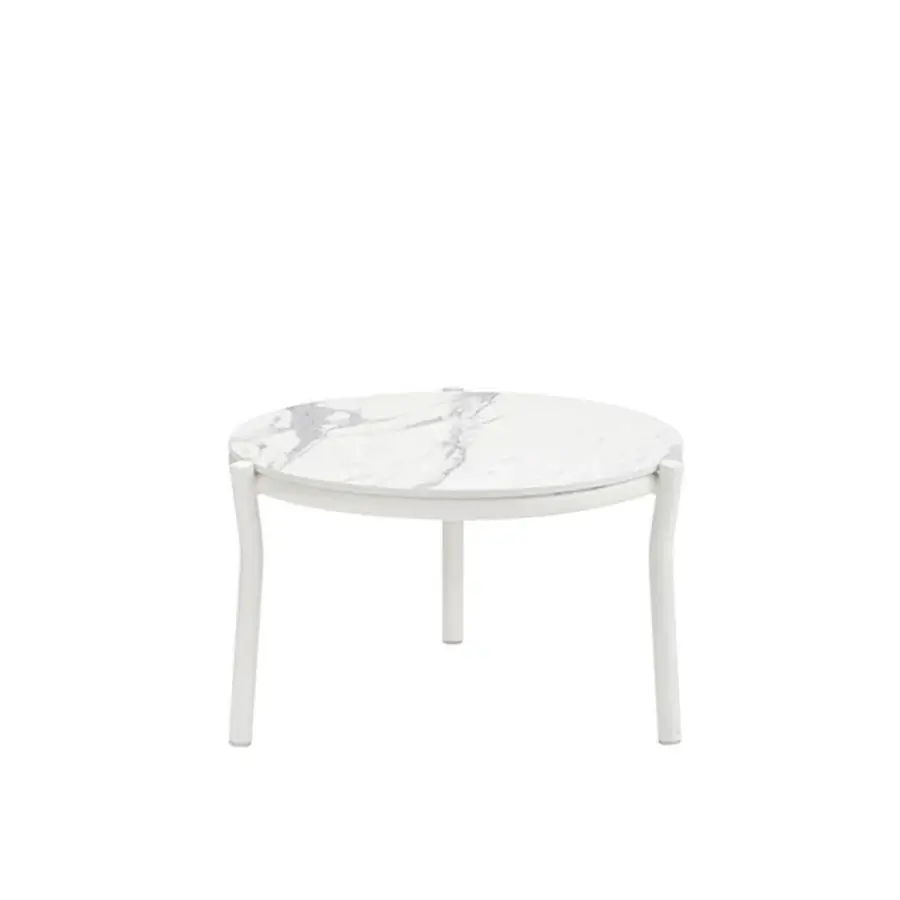 Distinguished Roberti Rattan Lipari side table with white HPL tabletop and powder-coated aluminum base crafted in Italy