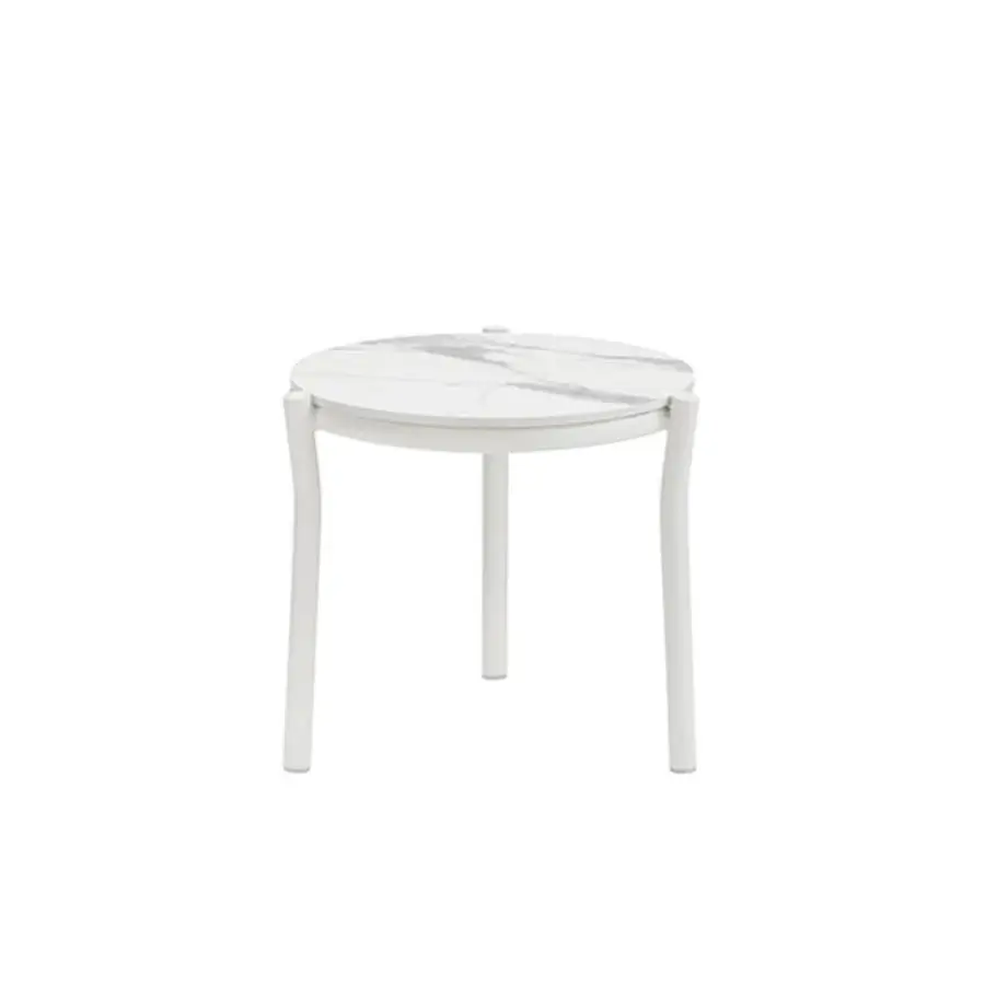 Elegant Roberti Rattan Lipari side table with white HPL top and powder-coated aluminum base