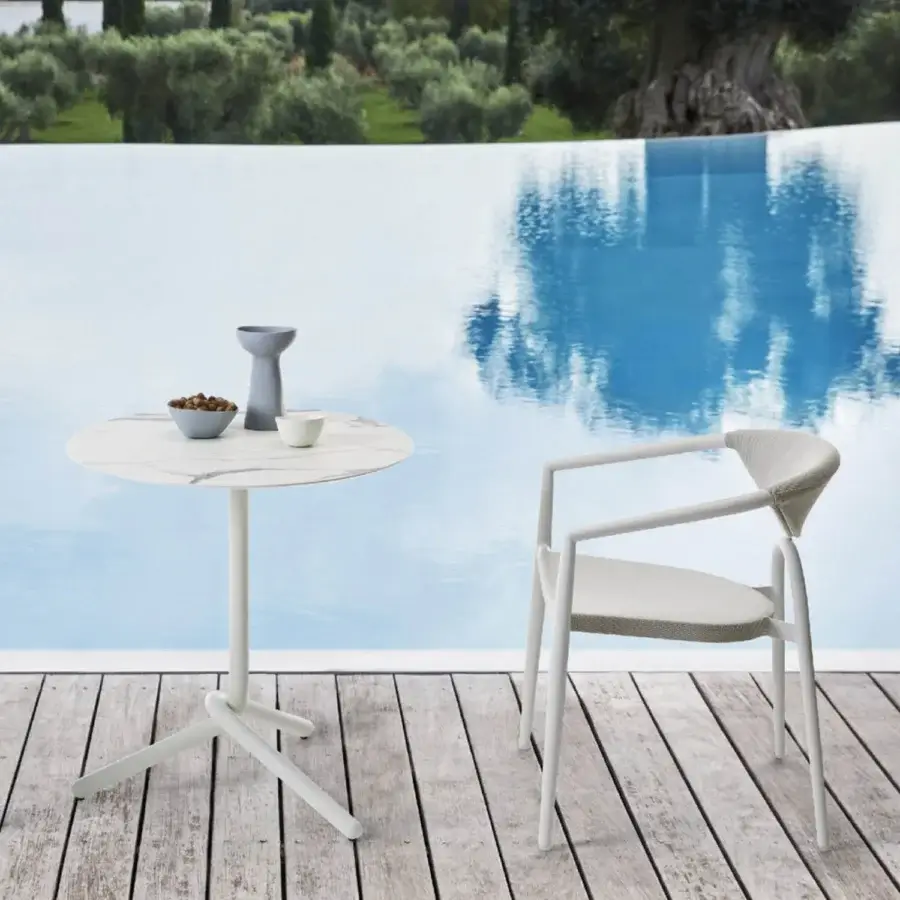Superior Roberti Rattan Maratea armchair with light beige woven textile and white satin powder-coated aluminum frame crafted in Italy