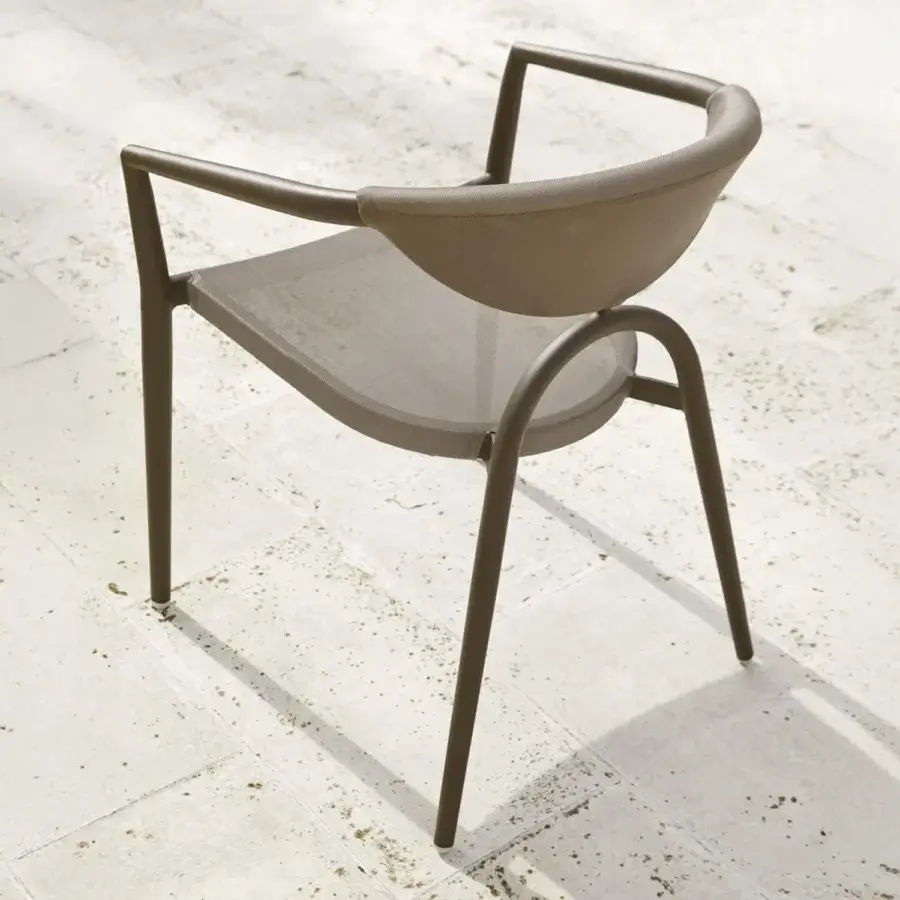Sophisticated Roberti Rattan Maratea armchair with light gray woven Imo Tensiline and matte dark gray powder-coated aluminum frame