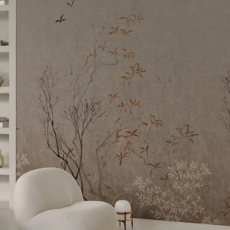 Exceptional Wall&Decò Rimmel wallpaper presents slender branches and delicate birds in muted brown and beige organic bio-vinyl with a d.TW finish
