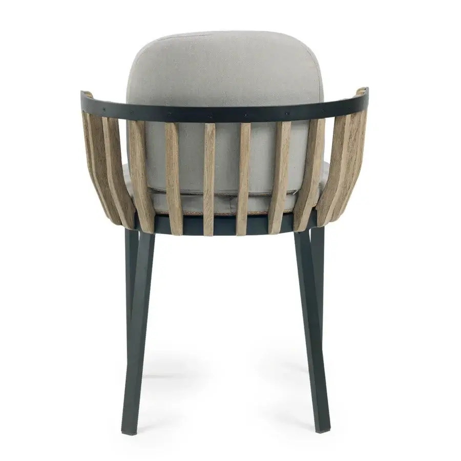 Exceptional Ethimo Swing armchair with a dark gray matte metal frame embracing teak slats upholstered in light gray textile