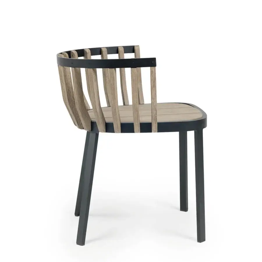 Superior Ethimo Swing armchair with a dark gray matte metal frame and light gray-beige teak wood slats crafted for sophisticated open-air living