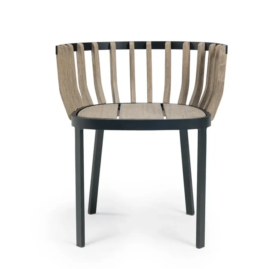 Distinguished Ethimo Swing armchair with a dark matte metal frame embracing precisely arranged teak slats and a light beige-gray finish