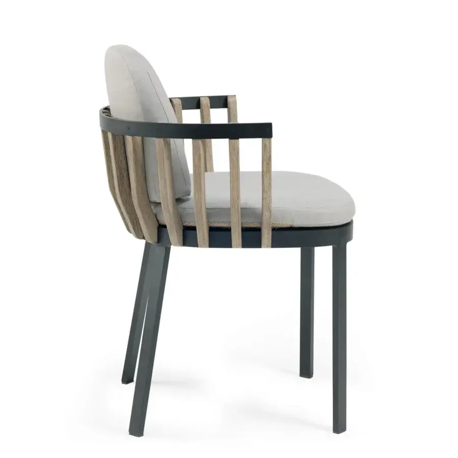 Exceptional Ethimo Swing armchair with a dark gray matte metal frame and precisely arranged teak wood slats upholstered in light gray textile