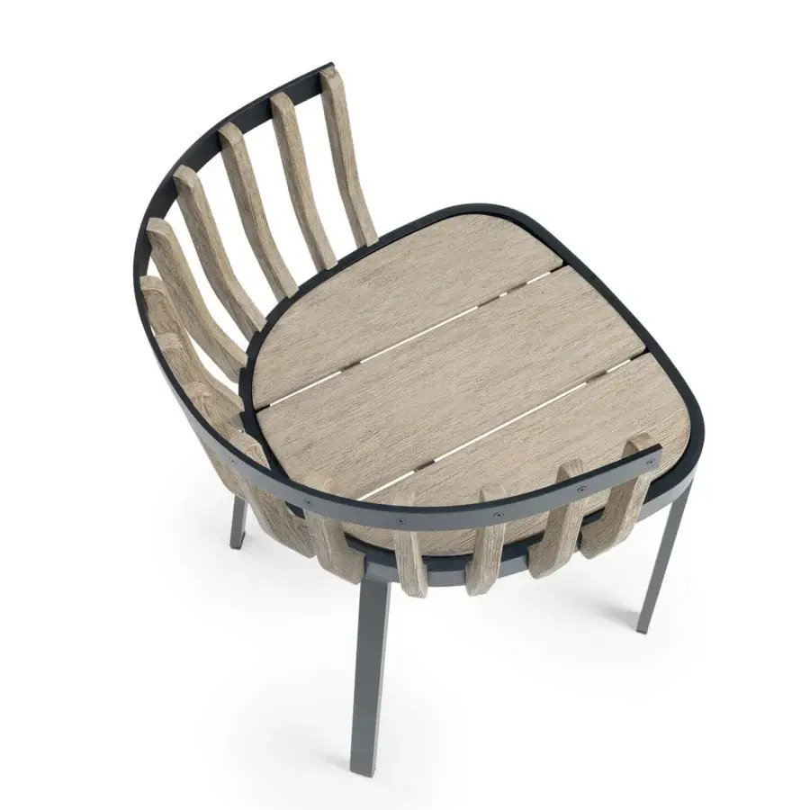 Captivating Ethimo Swing armchair with a dark gray metal frame embracing precisely arranged teak slats with a matte finish