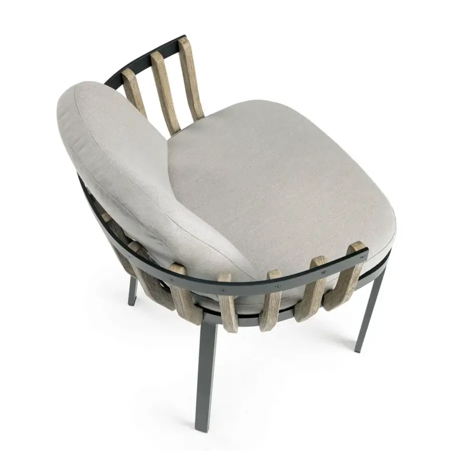 Superior Ethimo Swing armchair crafted with a dark gray metal frame and precisely arranged teak slats with a light gray textile cushion