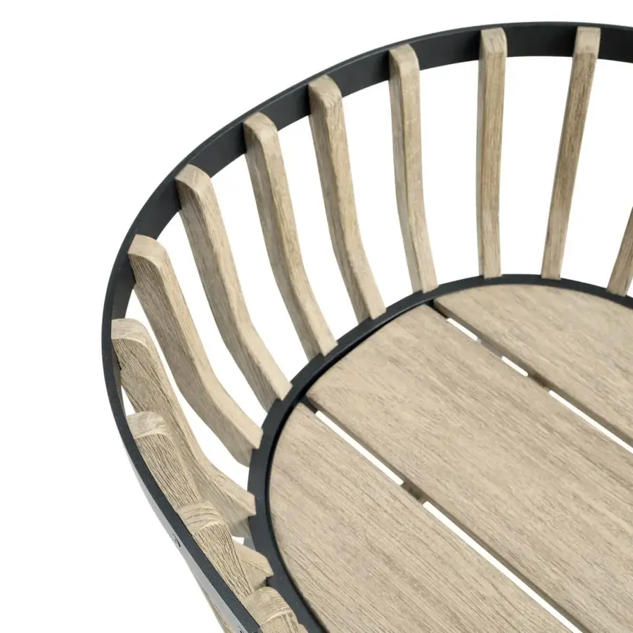 Exceptional Ethimo Swing armchair with a dual structure built in dark metal and teak wood with a matte finish