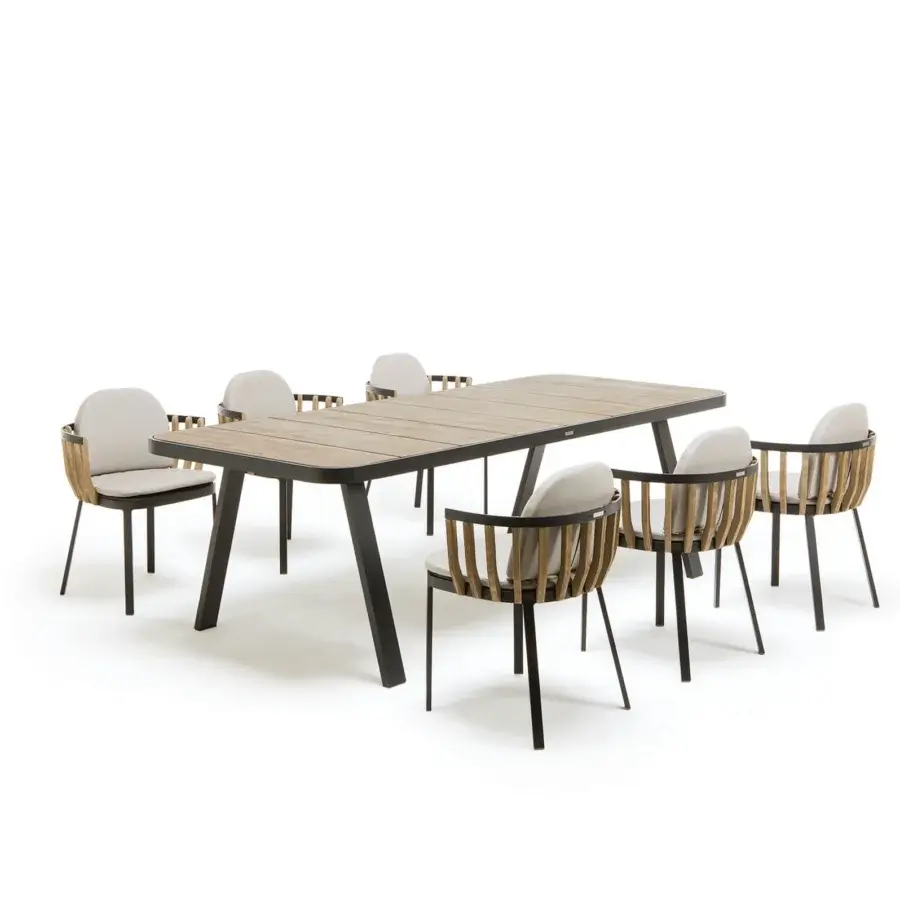 Distinguished Ethimo Swing armchair with dark matte metal and precisely arranged teak slats woven in textured neutral beige