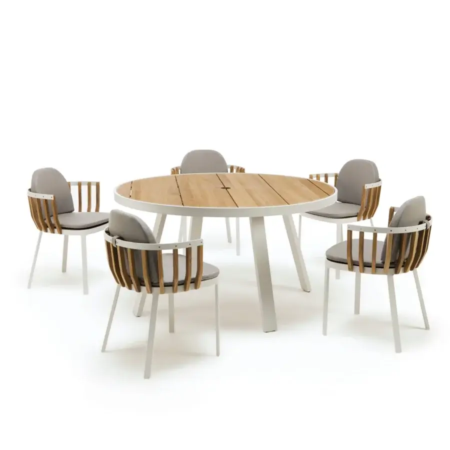 Sophisticated Ethimo Swing armchair with architectural metal and precisely arranged teak slats crafted in Italy