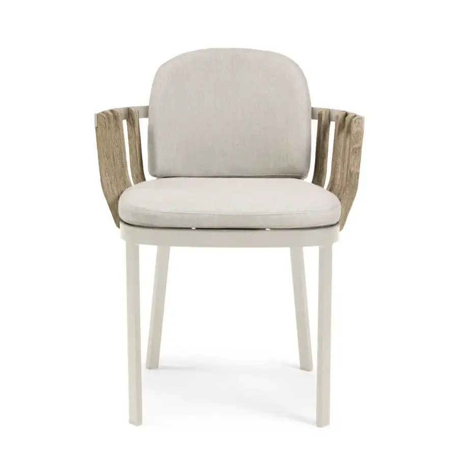 Exceptional Ethimo Swing armchair crafted with a neutral metal frame and precisely arranged teak slats with light beige textile upholstery