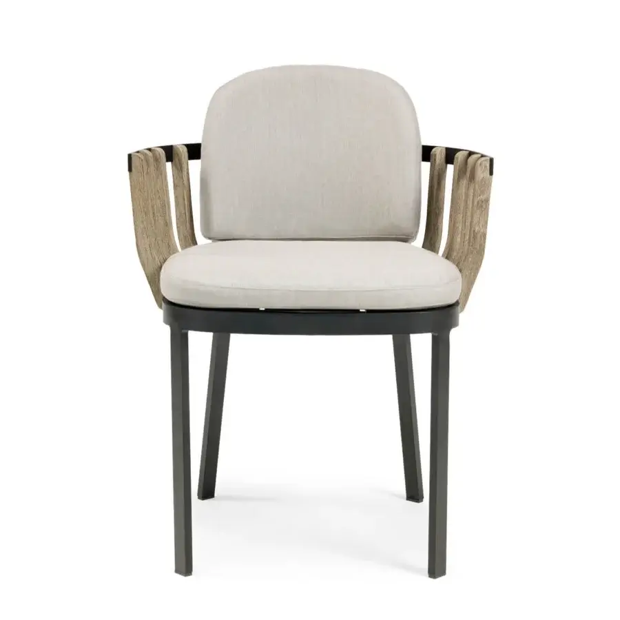 Lavish Ethimo Swing armchair with dark matte metal and precisely arranged teak wood slats, built in neutral beige textile upholstery