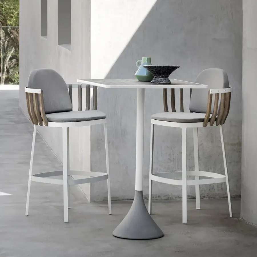 Distinguished Ethimo Swing stool with matte white metal frame and elegant teak wood slats upholstered in gray textile