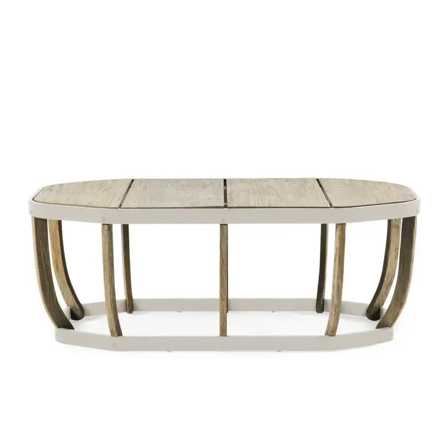 Harmonious Ethimo Swing coffee table crafted with a light metal frame supporting teak slats in beige-grey with a textured matte finish