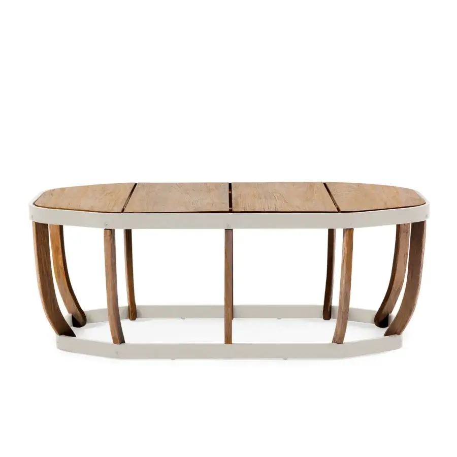 Distinguished Ethimo Swing coffee table with a pale beige metal frame and warm medium-brown teak slats in a matte finish