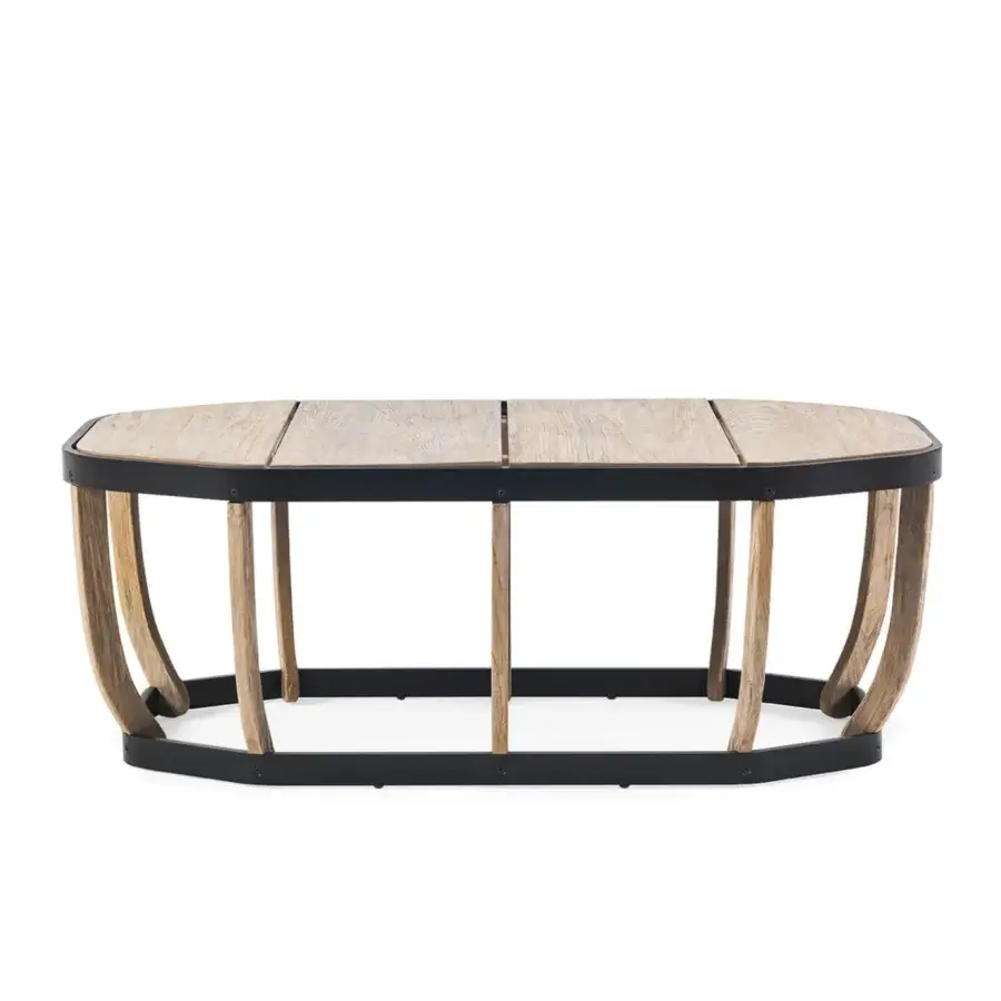 Harmonious Ethimo Swing coffee table crafted with matte teak wood and a matte black metal frame exhibiting a refined dual structure