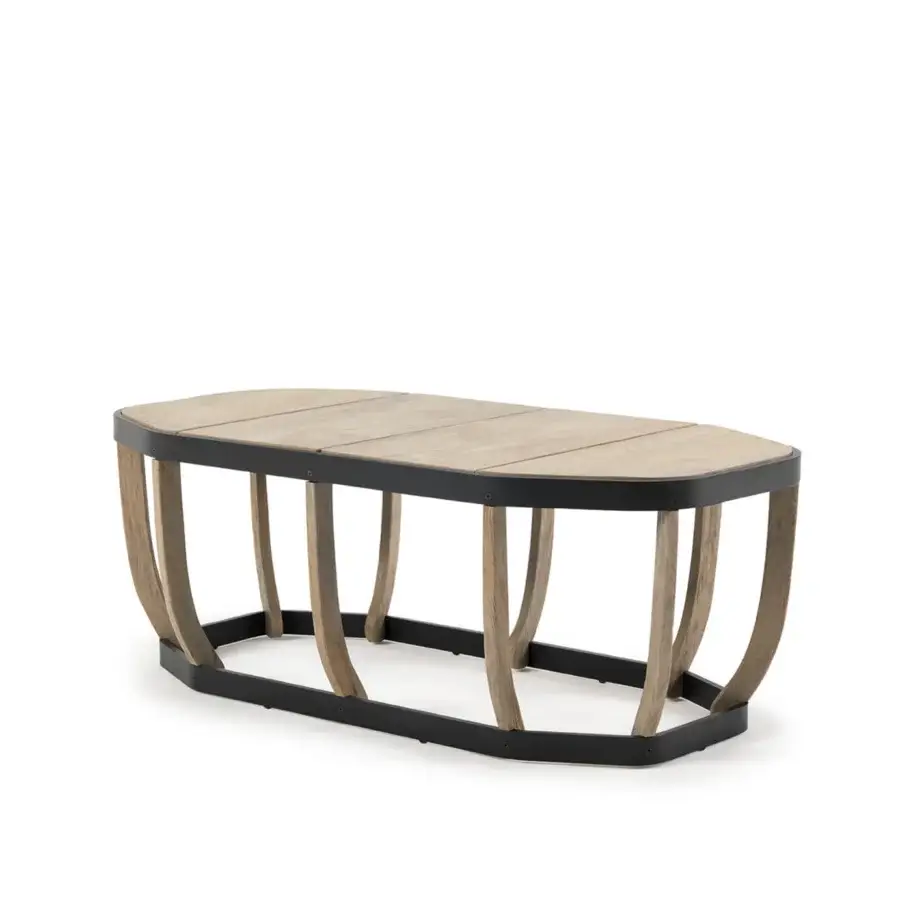 Exceptional Ethimo Swing coffee table crafted with dark metal and teak slats in a natural wood tone with a matte finish