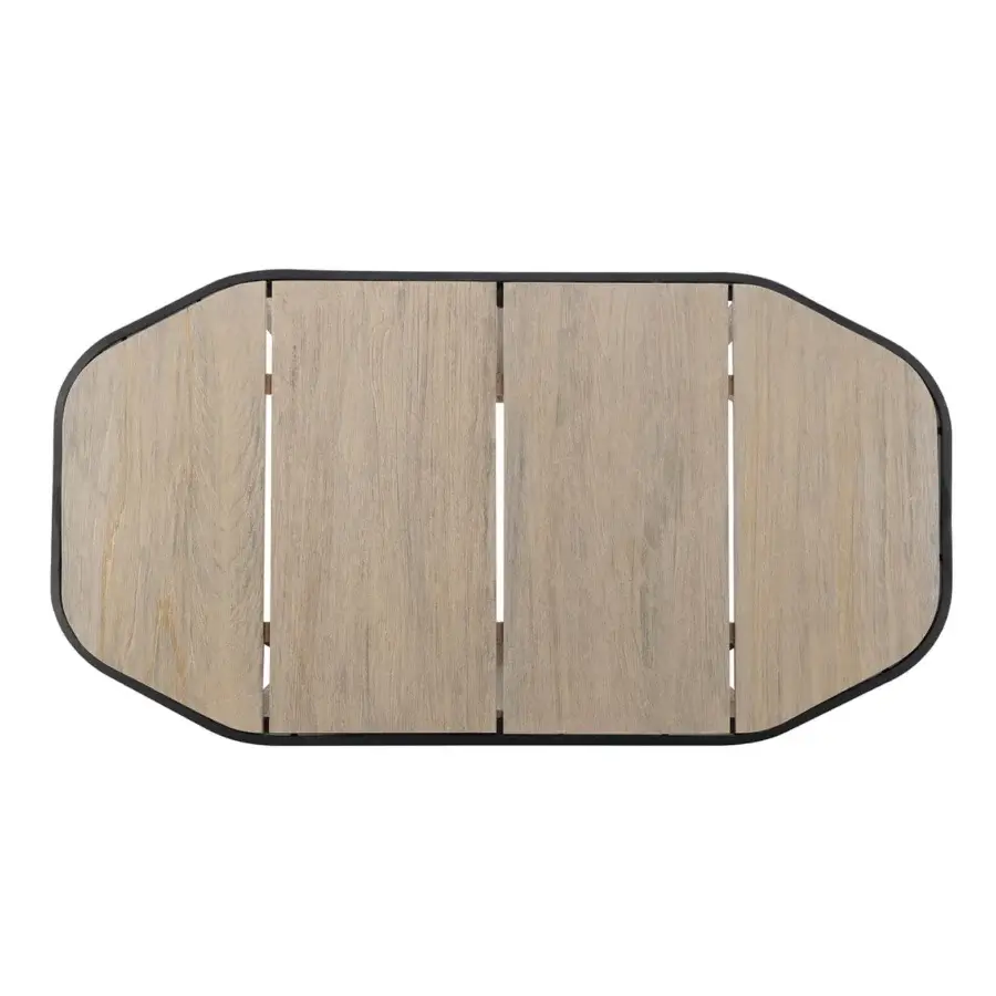 Sophisticated Ethimo Swing coffee table crafted with dark metal and precisely arranged teak slats in a matte beige-grey tone