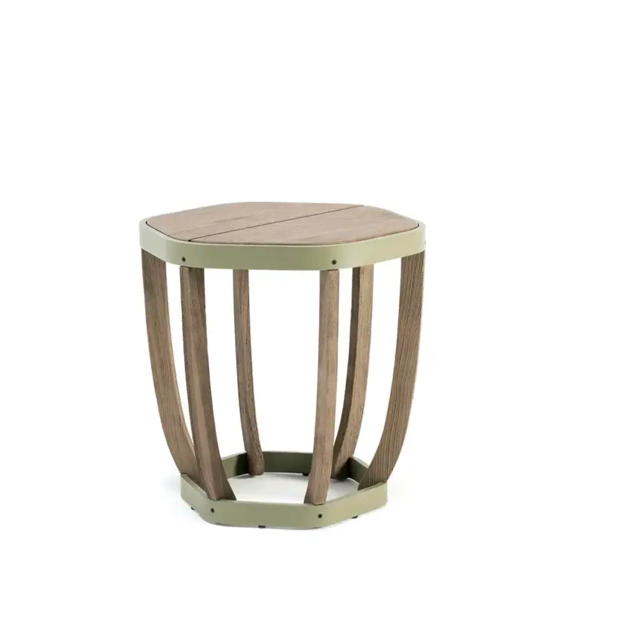 Harmonious Ethimo Swing side table with olive green metal frame and medium-brown teak slats in a matte finish