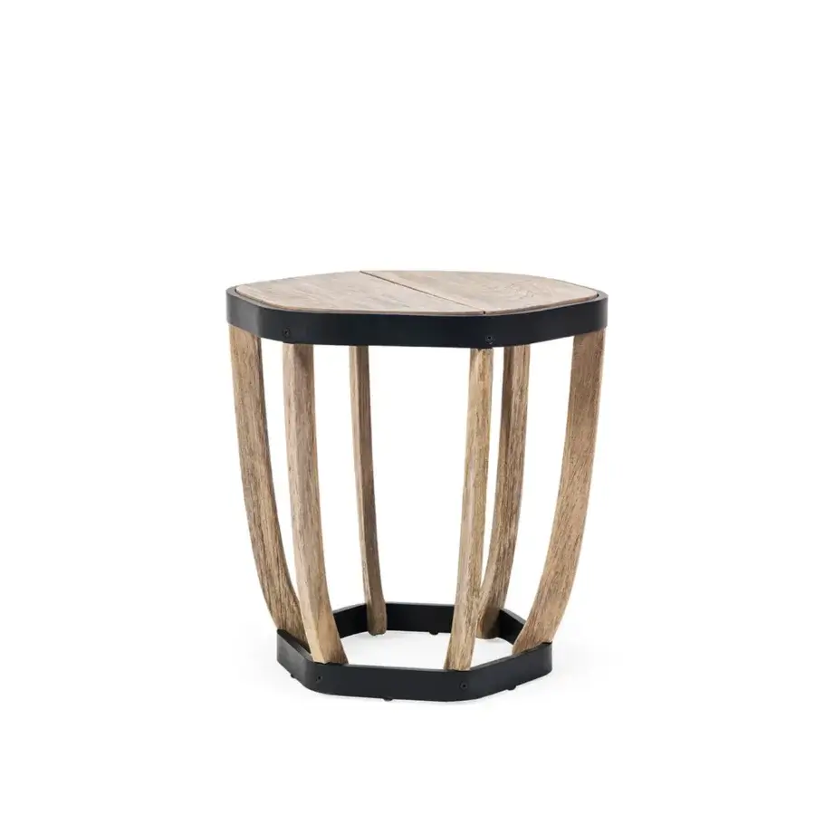 Harmonious Ethimo Swing side table crafted with dark metal and teak slats in a light to medium brown tone with matte finish