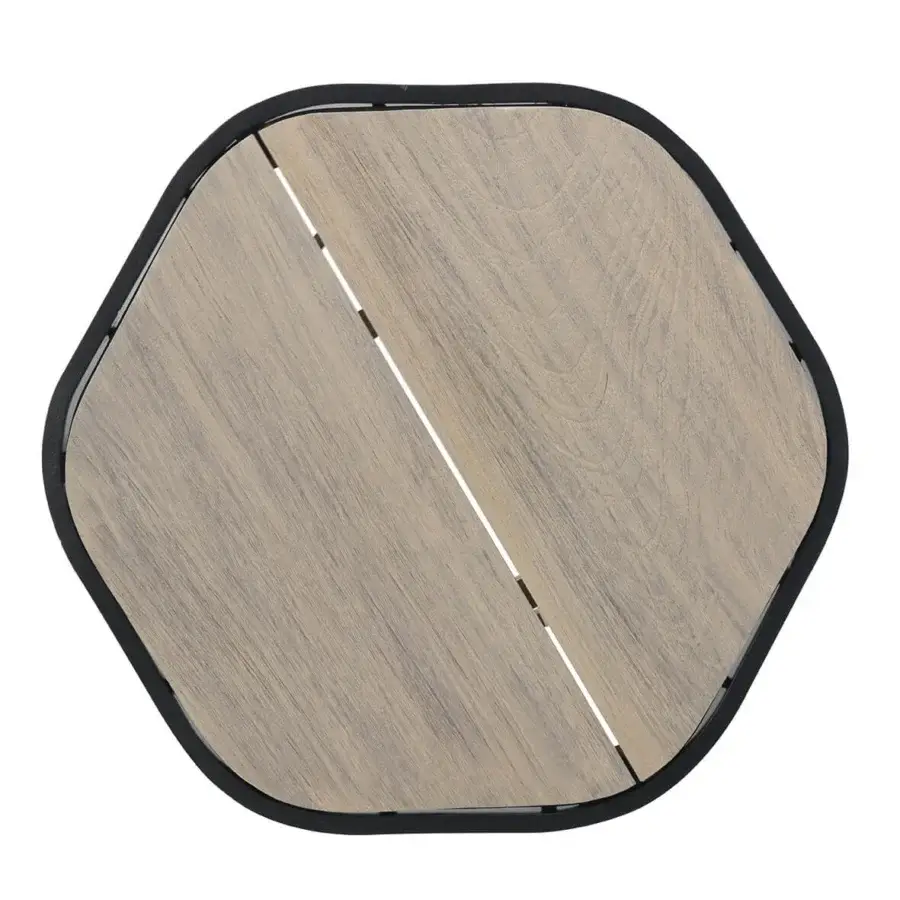 Exceptional Ethimo Swing side table in dark metal and teak with a light brown matte finish