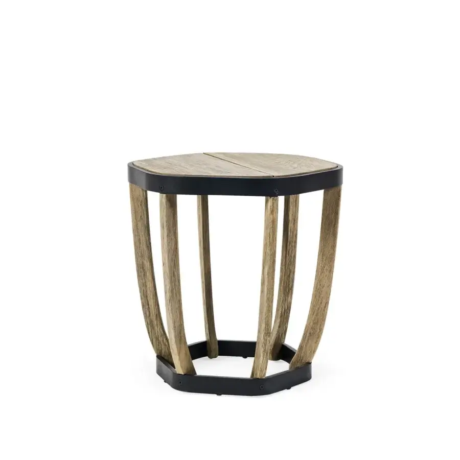 Superior Ethimo Swing side table crafted with dark metal frame and teak slats in a matte finish